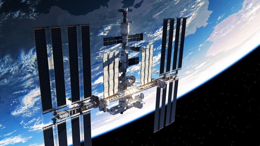 International Space Station Orbiting Planet Earth. 3D Illustration.