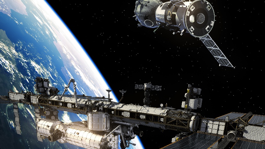 International Space Station And Spacecraft. 3D Illustration.