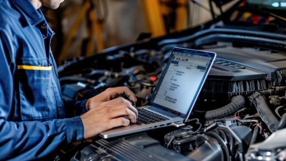 a mechanic with a laptop on a car engine conducts computer diagnostics of a car in a car service center